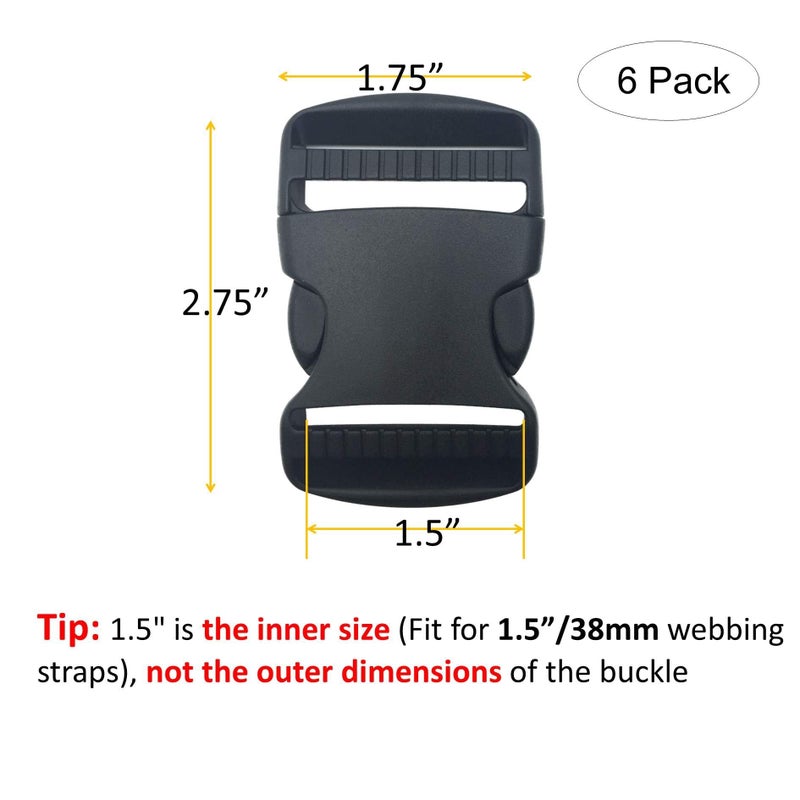 EesTeck 6 Set 1.5 Inch Flat Dual Adjustable Plastic Quick Side Release Plastic Buckles and Tri-glide Slides for Luggage Straps Pet Collar Backpack Repairing (Black, Fit For 1.5â€/38mm Webbing Straps) - Image 2
